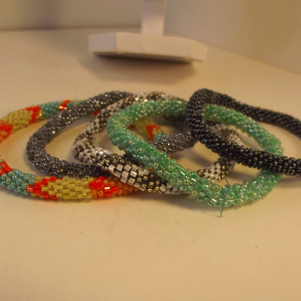 Lot of 5 Hippie Boho Crocheted Beaded Roll-On Bracelets All Different